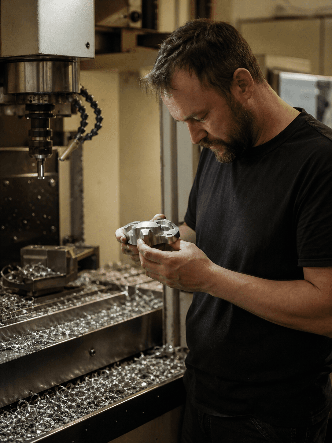 A machinist checking a finished part beside a CNC cell in a mid-sized precision plant